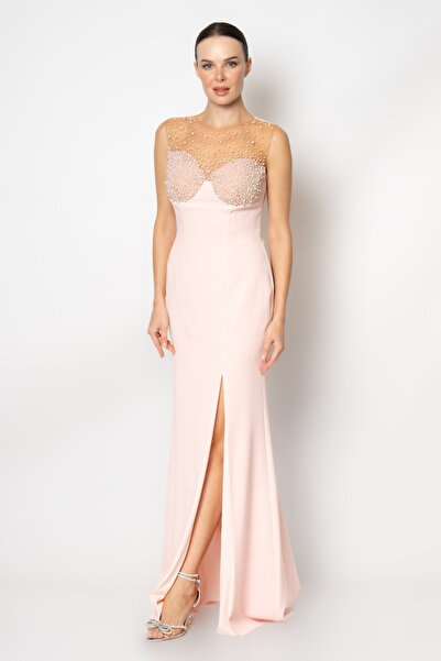 RENGIN Göğsü incili yakası tül kolsuz krep abiye elbise