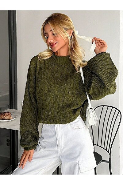 ATEMODAA Atemoda yarım balıkçı yaka haki yeşil saç örgü crop salaş kol