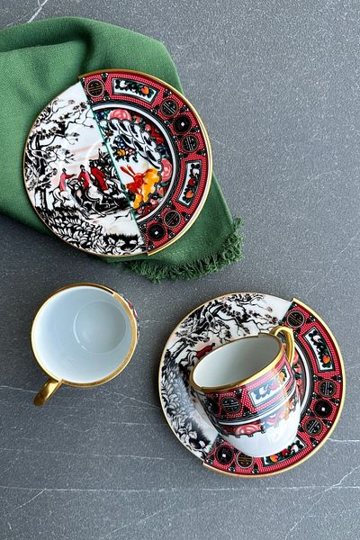 porselenden Black Honey Premium - Double and Red Patterned Two-Person Cup Set