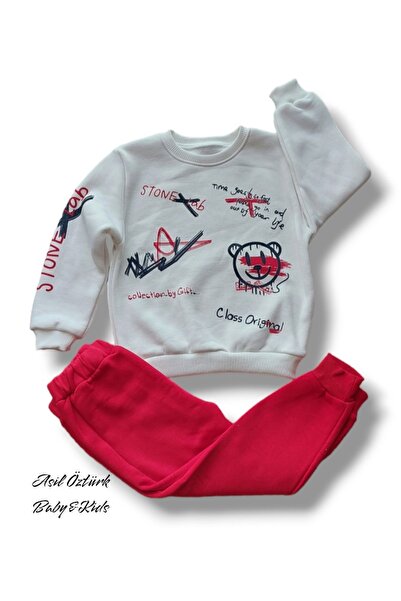 BabyGo Kız Erkek Bebek Çocuk Unisex Kırmızı 3 İplik Şardonlu Alt Üst Eşofman Takımı Kışlık