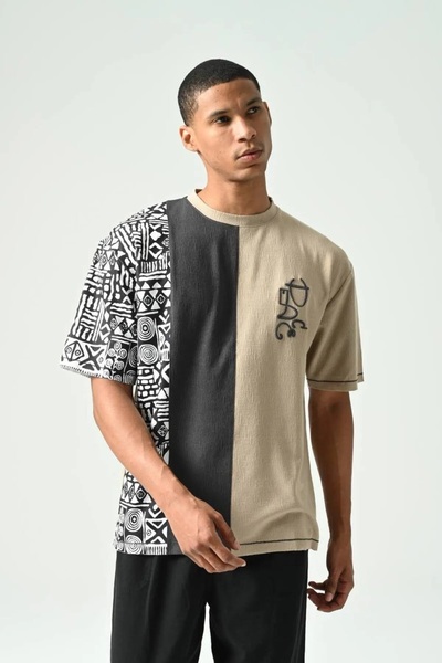 Namaste Vintage Beige Color - Crew Neck Pieced Retro Oversize Men's T-Shirt