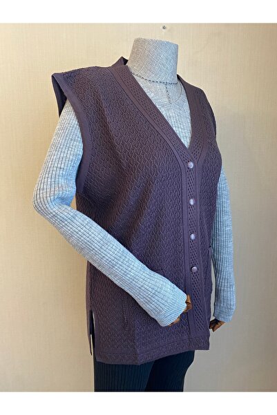 TEK Şık Desenli Modern Bantlı Merserize TEK TRİKO Anne Yeleği / Lila