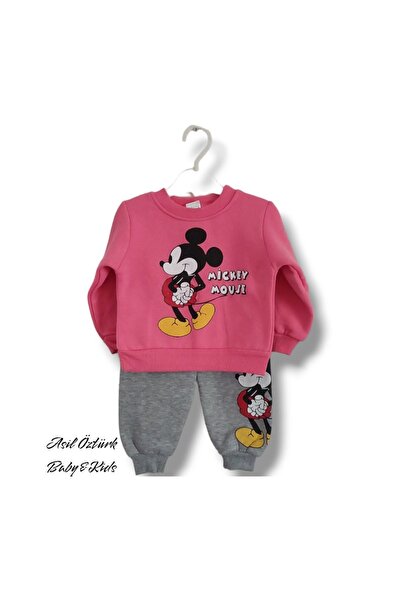 Kız Bebek Çocuk Alt Üst Eşofman Takımı Kışlık 3 Ip Şardonlu Pembe Mickey Minnie Mouse