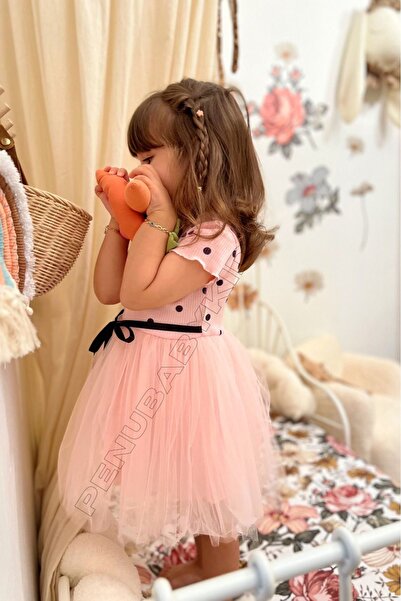 penu baby kids Pembe Puantiyeli Tütülü Kısa Kol Kız Bebek Elbise - Emily