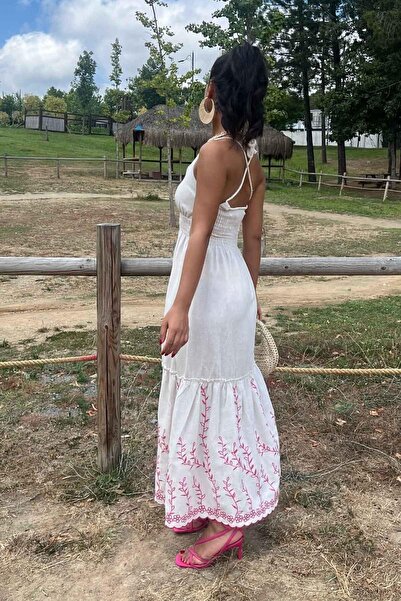 Lusin Εκρού Λινό Φόρεμα - Μακριά, Κεντημένη Φούστα, Ελαστική μέση