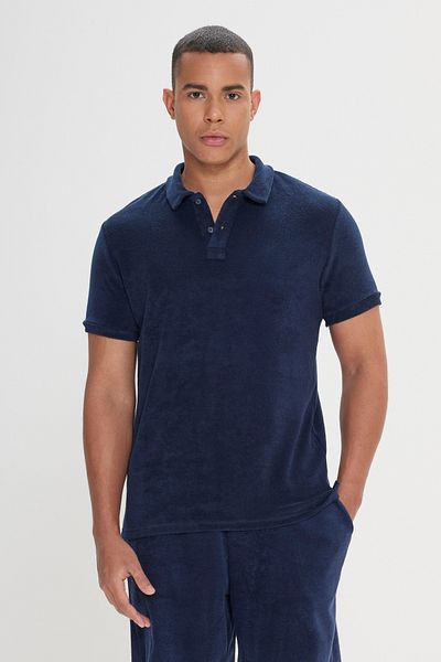 ALTINYILDIZ CLASSICS Мъжка тениска с поло яка в тъмносиньо с прилепнала кройка - Slim Cut Cotton Terry
