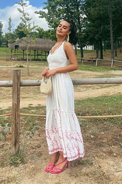 Lusin Εκρού Λινό Φόρεμα - Μακριά, Κεντημένη Φούστα, Ελαστική μέση