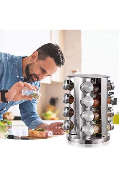 Vivien Home 16lı Paslanmaz Çelik Metal Döner Stantlı Cam Baharatlık Seti 16'li