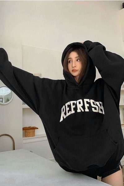 MODARİCH Hanorac negru Refrfsh oversize cu glugă - imprimat