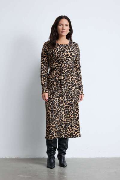 LUOKK EMPIRE Leopar Desenli Uzun Kollu Büyük Beden Elbise Leopar