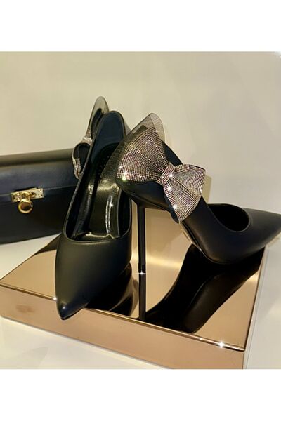 purple shoes Taşlı siyah fiyonk stiletto