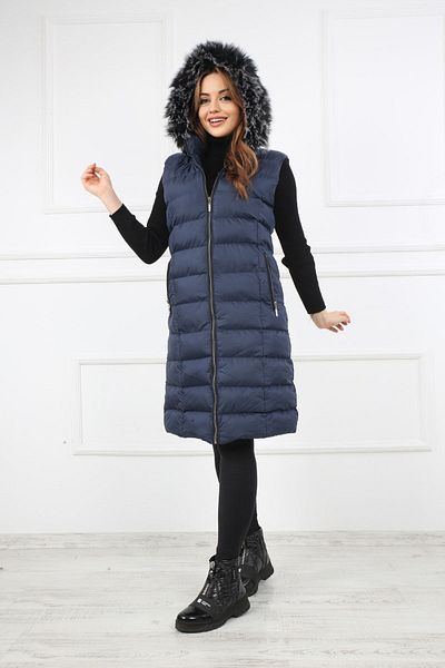 S&V TEKSTİL Women's Dark Navy Blue Puffer Long Vest Coat