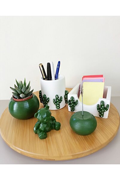 Genel Markalar Masaüstü 3d Kaktüs Desenli Beton Ofis Seti; Kalemlik, Bloknotluk, Notluk, Saksı, Sukulent Ve Ayıcık