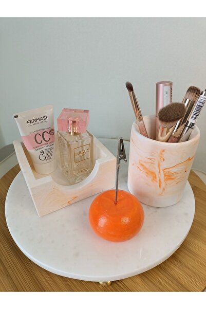 Genel Markalar Masaüstü Ofis Seti; Beton Silindir Kalemlik, Bloknotluk Ve Notluk Turuncu Mermer Desenli