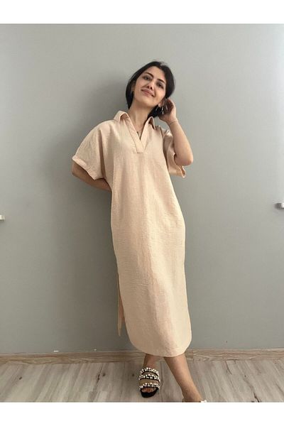 soBasic Rochie lungă de in bej - guler cămașă și detaliu cu fantă