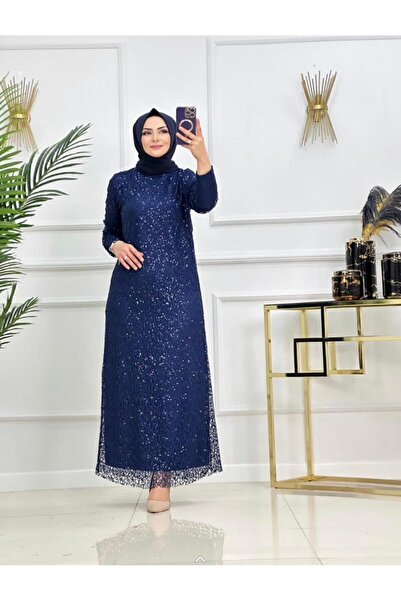 poplinmoda 2436 File Pul Payet Ala Tesettür Abiye ve Davet Elbisesi