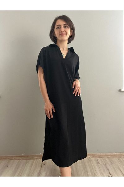 soBasic Rochie neagră lungă de in - Guler cămașă și detaliu cu fantă, vară - S