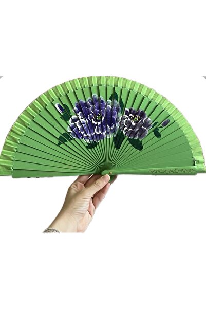 Andante Çift Taraflı Desenli Yeşil Lüks Çiçek Desenli Japon Yelpaze