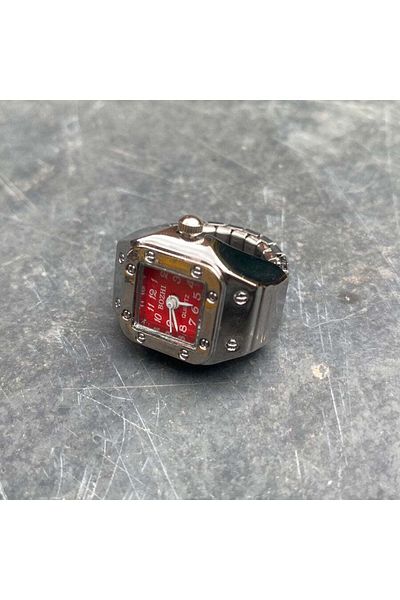 Bozhi Silver Mini Watch Ring, Ring Watch, Finger Watch Ring, Square Red Ring Watch