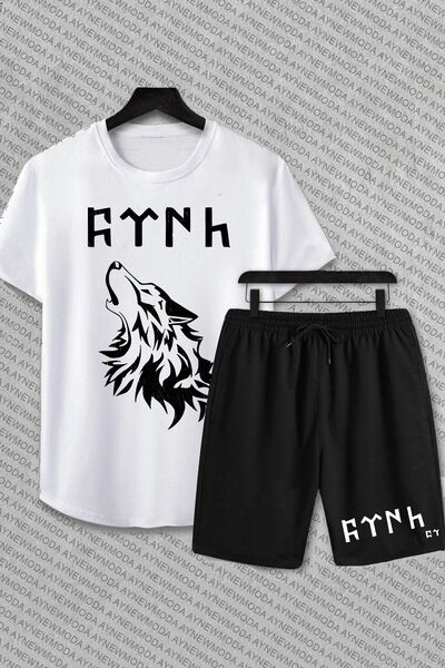Massgai Set de tricou și pantaloni scurți oversize unisex cu imprimeu Wolf Wolf - mânecă scurtă