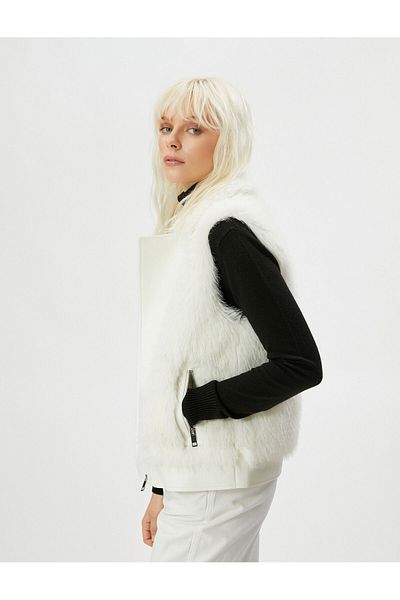Koton Plush Vest Double Breasted Closure Zippered Pocket Detailed