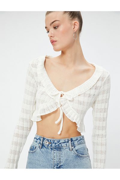 Koton Madonna límec blůza Crop prolamovaná kravata detail V výstřih nařasený