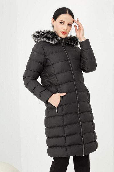S&V TEKSTİL Women's Black Puffer Long Coat Coat Trend