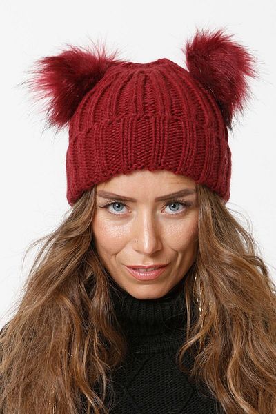 Vemod 75 Folded Double Pompom Knitted Beanie - Claret Red