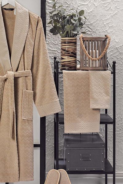 VEVİEN HOME Set halat de baie 4 piese Ansaaj Catifea Jacquard Bej