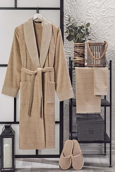 VEVİEN HOME Set halat de baie 4 piese Ansaaj Catifea Jacquard Bej