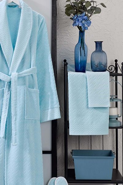 VEVİEN HOME Set halat de baie Ansaaj Catifea Jacquard 4 Piese Albastru Deschis