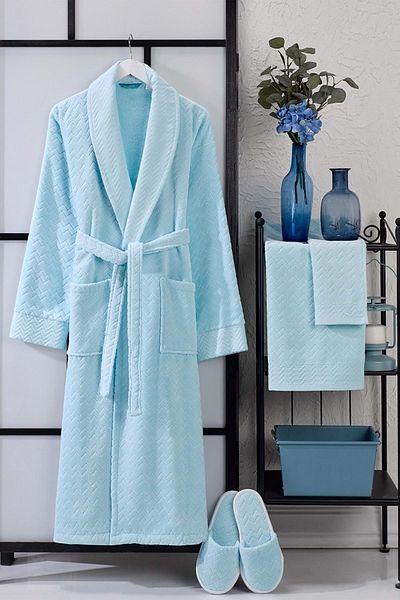 VEVİEN HOME Set halat de baie Ansaaj Catifea Jacquard 4 Piese Albastru Deschis