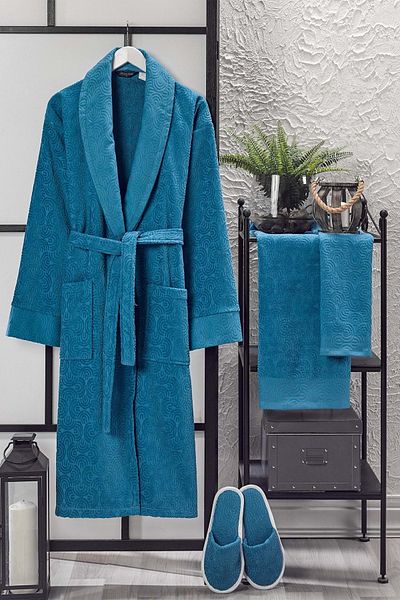 VEVİEN HOME Set halat de baie 4 piese jacquard catifea Albastru
