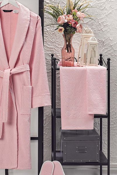VEVİEN HOME Set de halate de baie din catifea Jacquard 4 piese Pudra