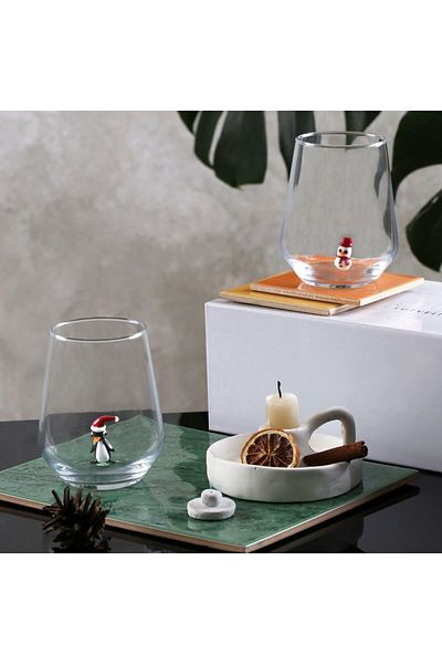 ADAMODART New Year's Themed 2-Piece Water Glass with Penguin and Snowman Figures