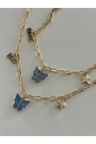 tones official Mavi Kelebekli Hediye Best Friend Yazılı 2 Li Bileklik Seti