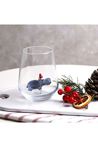 ADAMODART Christmas Themed Decorative Single Water Cup with Hippo Glass Figure - Gray