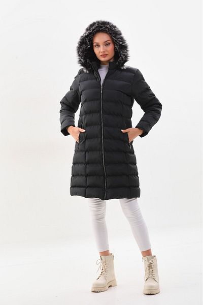 S&V TEKSTİL Women's Black Puffer Long Coat Coat Trend