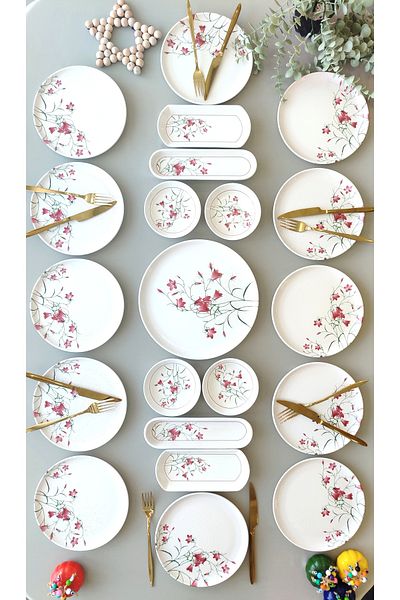 Yiğit Seramik Züccaciye Fushia Çiğdem 21 Piece Breakfast Set for 12 People