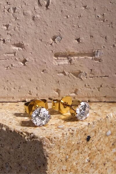 ByFlorya Jewelry Çelik Tek Taş Küpe 18K Altın Kaplama Tek Taşlı Paslanmaz Çelik Küpe 5mm