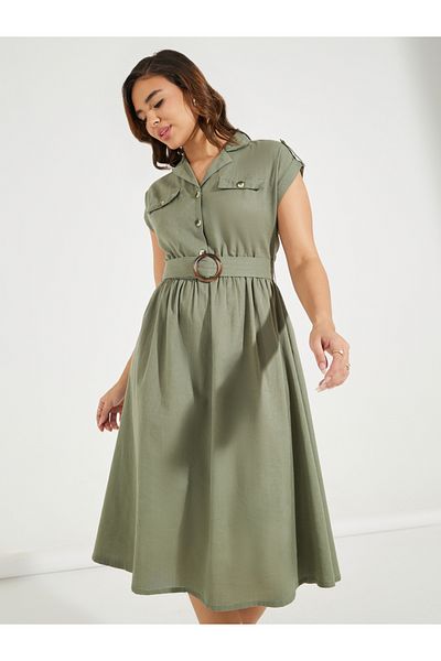 Styli Notch Collar A-Line Midi Dress with Belt