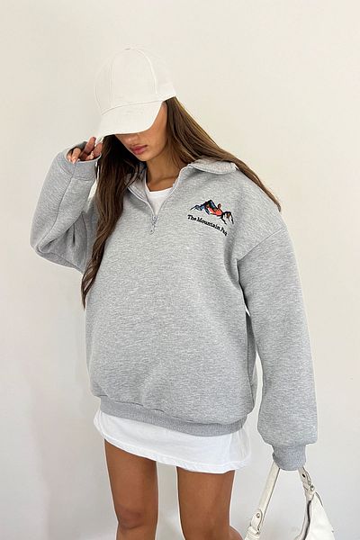 Sun Victoria Unisex Gray Polo Neck Oversize 3 Thread Raster Embroidered Sweatshirt