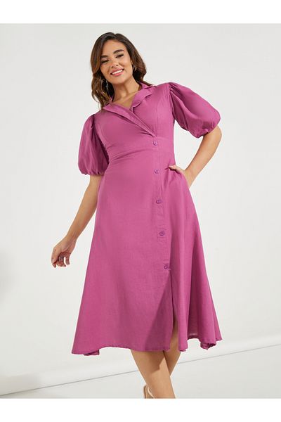 Styli Mock Wrap Notch Collar Midi Dress with Puff Sleeves