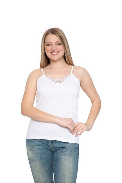 saac 100% Cotton White Women's Laced Tank Top - with Rope Strap, 220