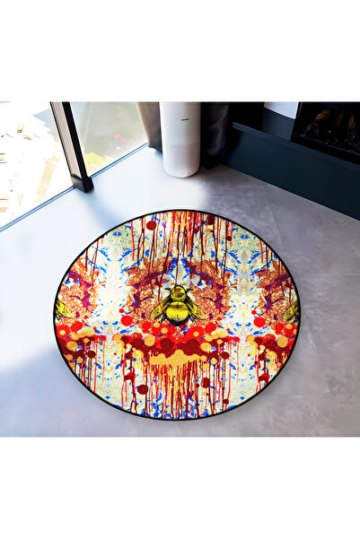 Rugs Modern Halı Multicolored Abstract Motif and Bee Patterned Round Woven Ba...