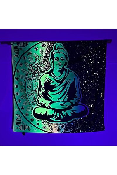 WANDER TAPESTRY بوذا في الكون / نسيج مفرش حائط متوهج مع ضوء نيون نيون نشط بال...