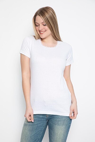 saac Round Neck White Lace Short Sleeve Women's Undershirt - 100% Cotton Combed Rib - 525