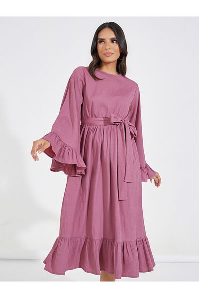 Styli Wide Flute Sleeves Midi Dress with Tie Belt