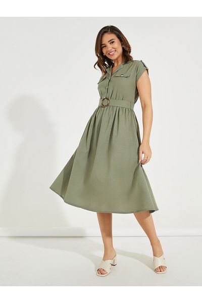 Styli Notch Collar A-Line Midi Dress with Belt