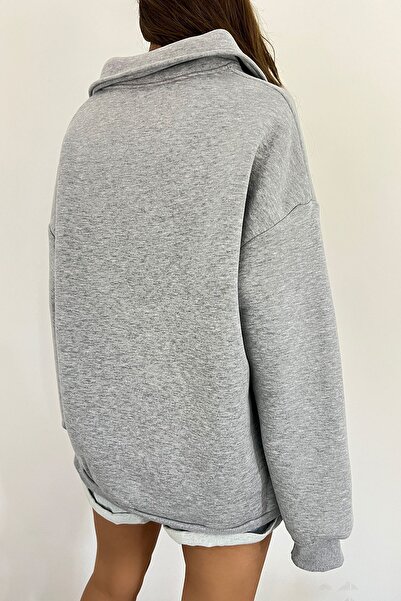 Sun Victoria Unisex Gri Polo Yaka Oversize 3 İplik Şardonlu Nakışlı Sweatshirt